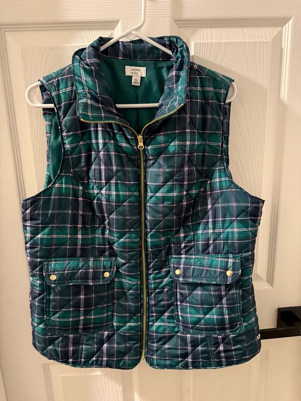 Crown & Ivy Quilted Vest Size XL Green Plaid Full Zip Pockets